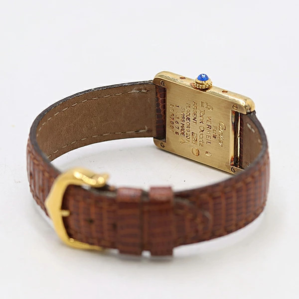 Cartier Must Tank SM SV925 Quartz Yellow Dial Ladies Watch Square Brown Band