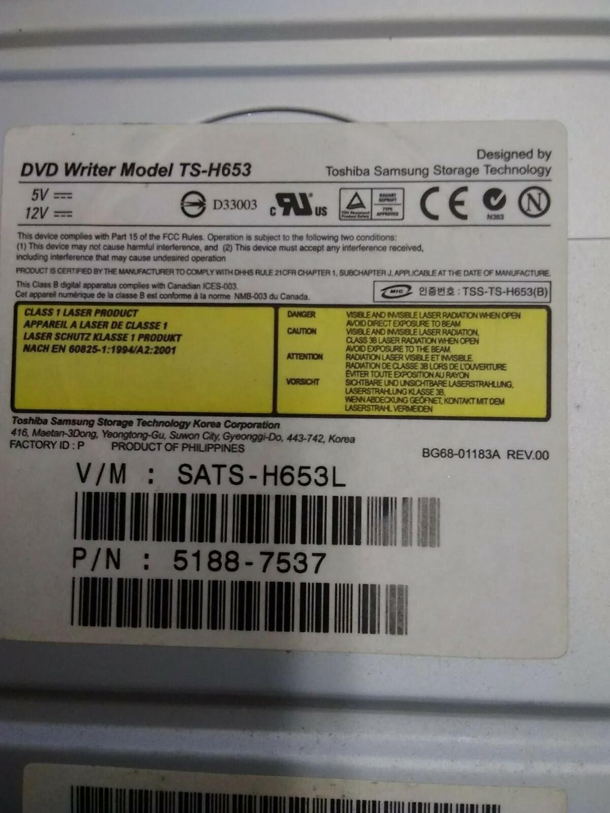 TOSHIBA SAMSUNG LightScribe DVD Writer Model TS-H653 TS-H653L/HPBH PN 5188-7537