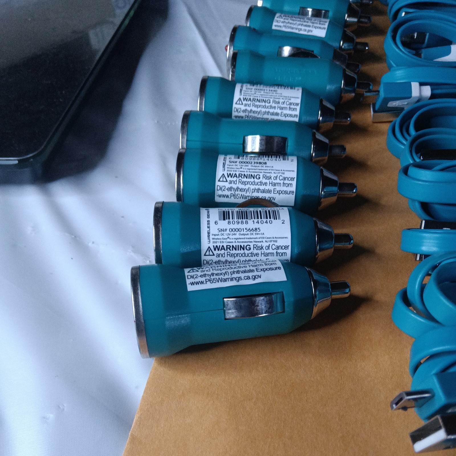 HUGE 48pc. TEAL ELECTRONICS LOT.Car Chargers, Micro USB, AUX cable.RESELLER GOLD