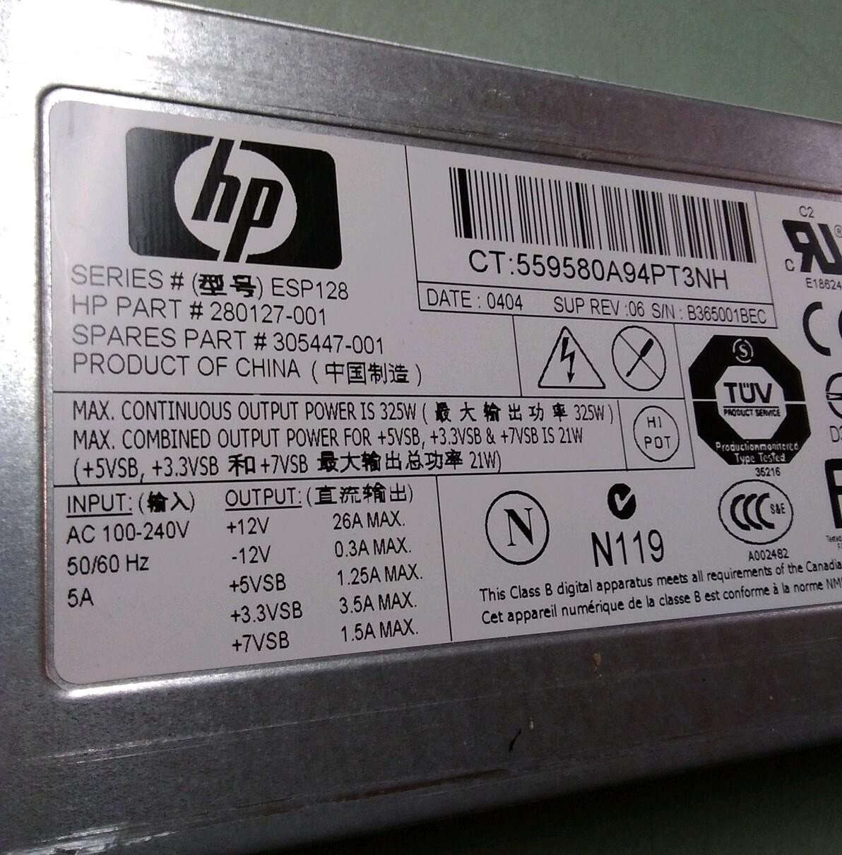 HP Compaq 280127-001 305447-001 325 Watt Power Supply