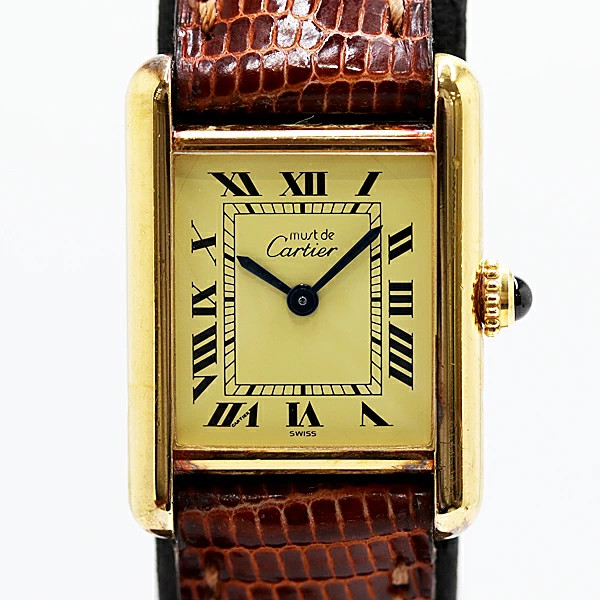 Cartier Must Tank SM SV925 Quartz Yellow Dial Ladies Watch Square Brown Band