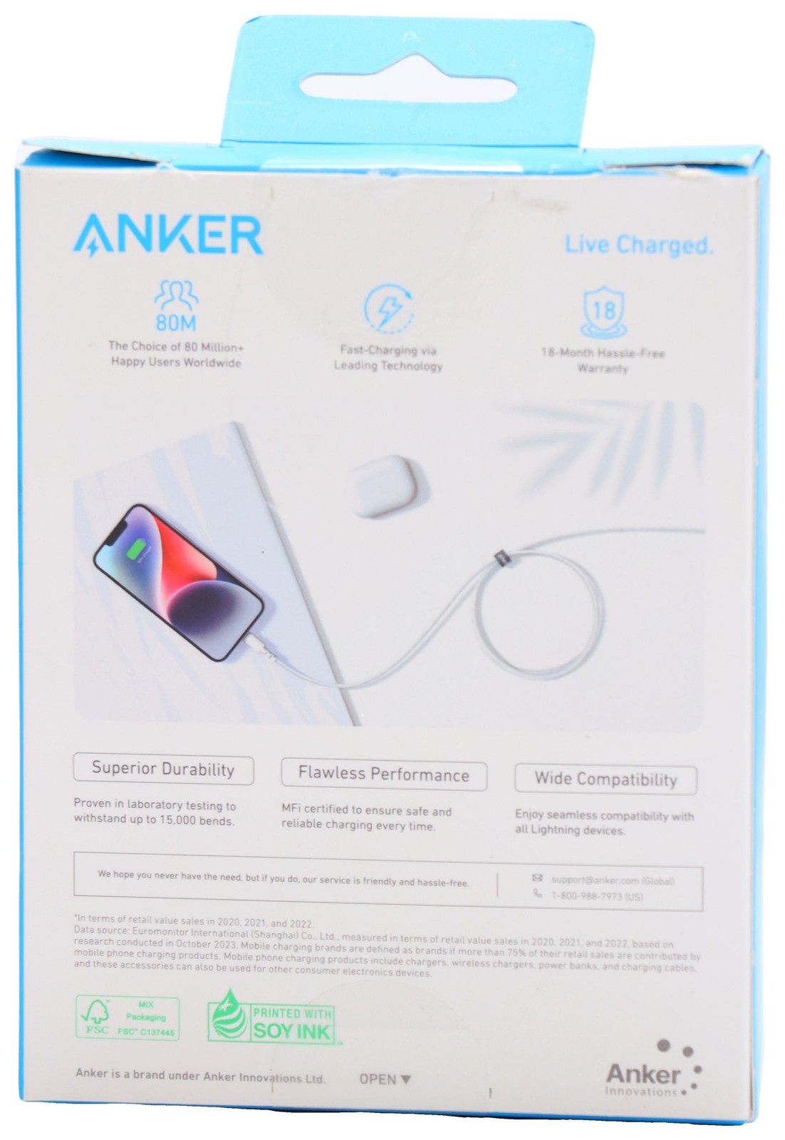 Anker 3ft’ Braided Lightnin to USB-A Charging 3x Faster,￼Cable – White