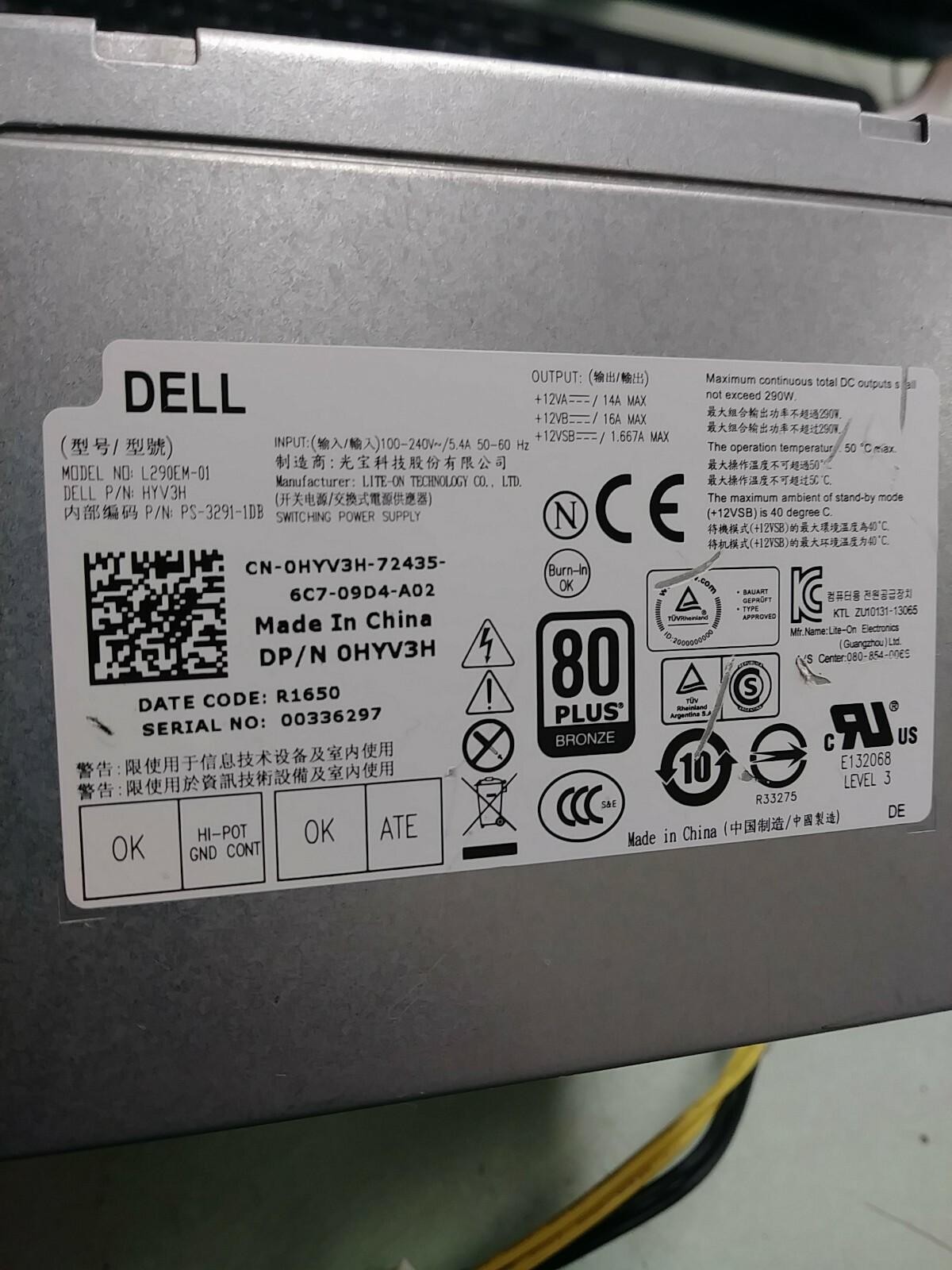 Dell 290w Power Supply L290EM-01 HYV3H