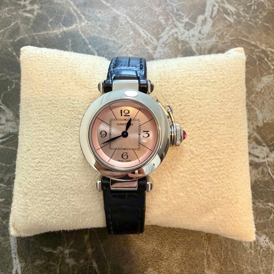 CARTIER Watch Miss Pasha Navy Leather Strap STEEL PINK DIAL w/ Dedicated Pouch