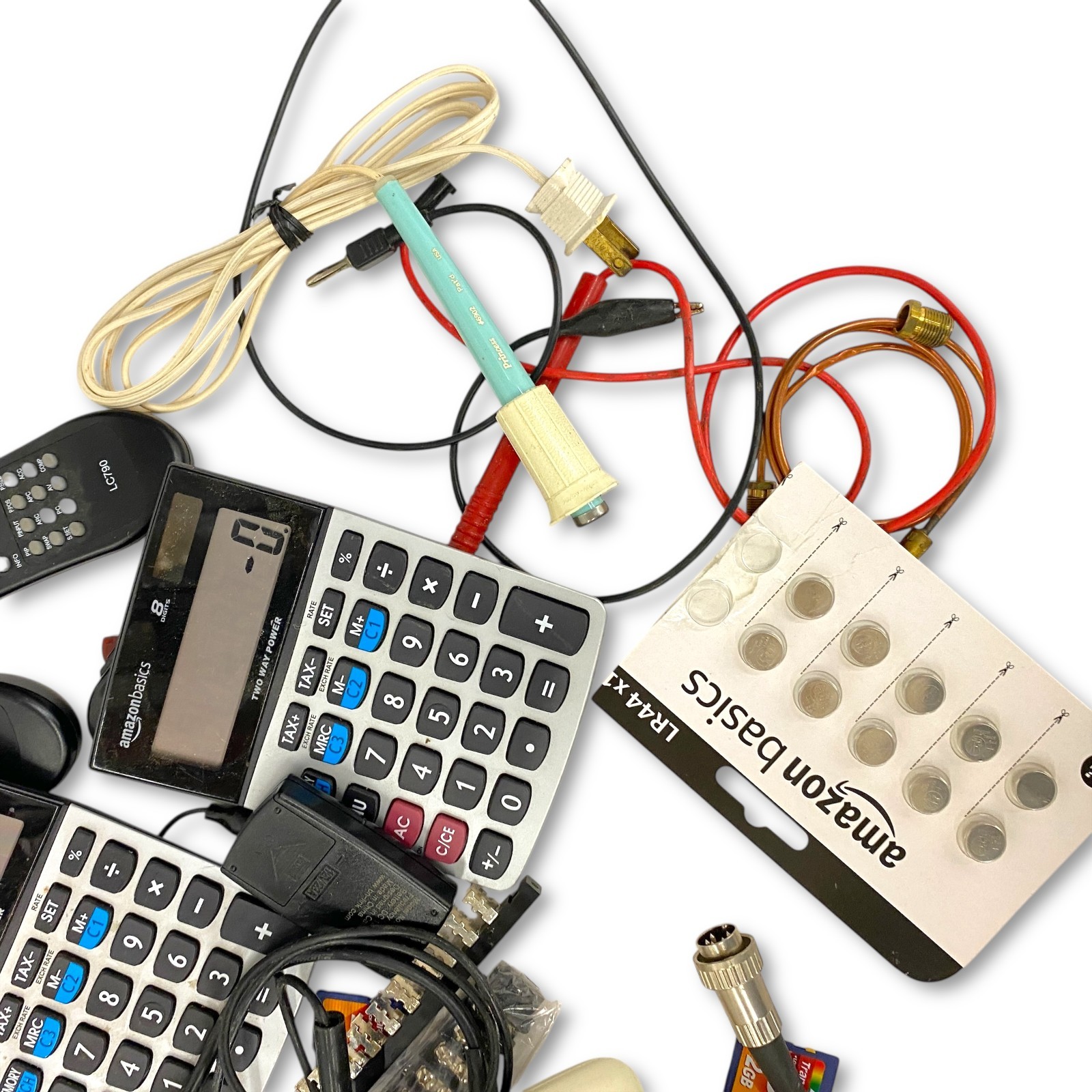 Mixed Electronics Lot – Batteries, SD Cards, Calculators, Cords, Gauges and More