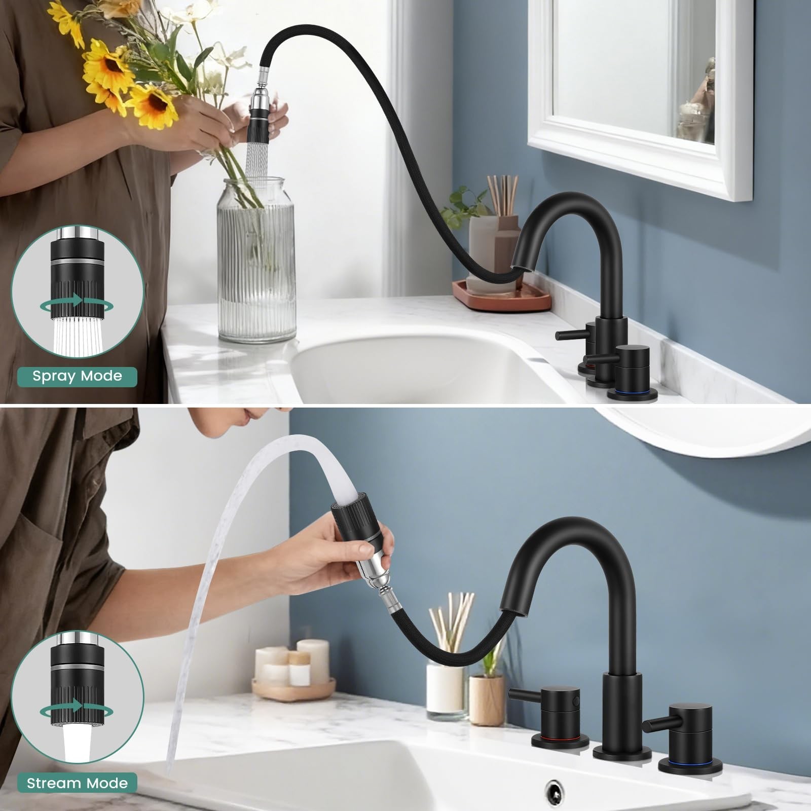 Matte Black Pull Down Bathroom Faucet 3 Hole with Pop Up Drain, Bathroom Sink…