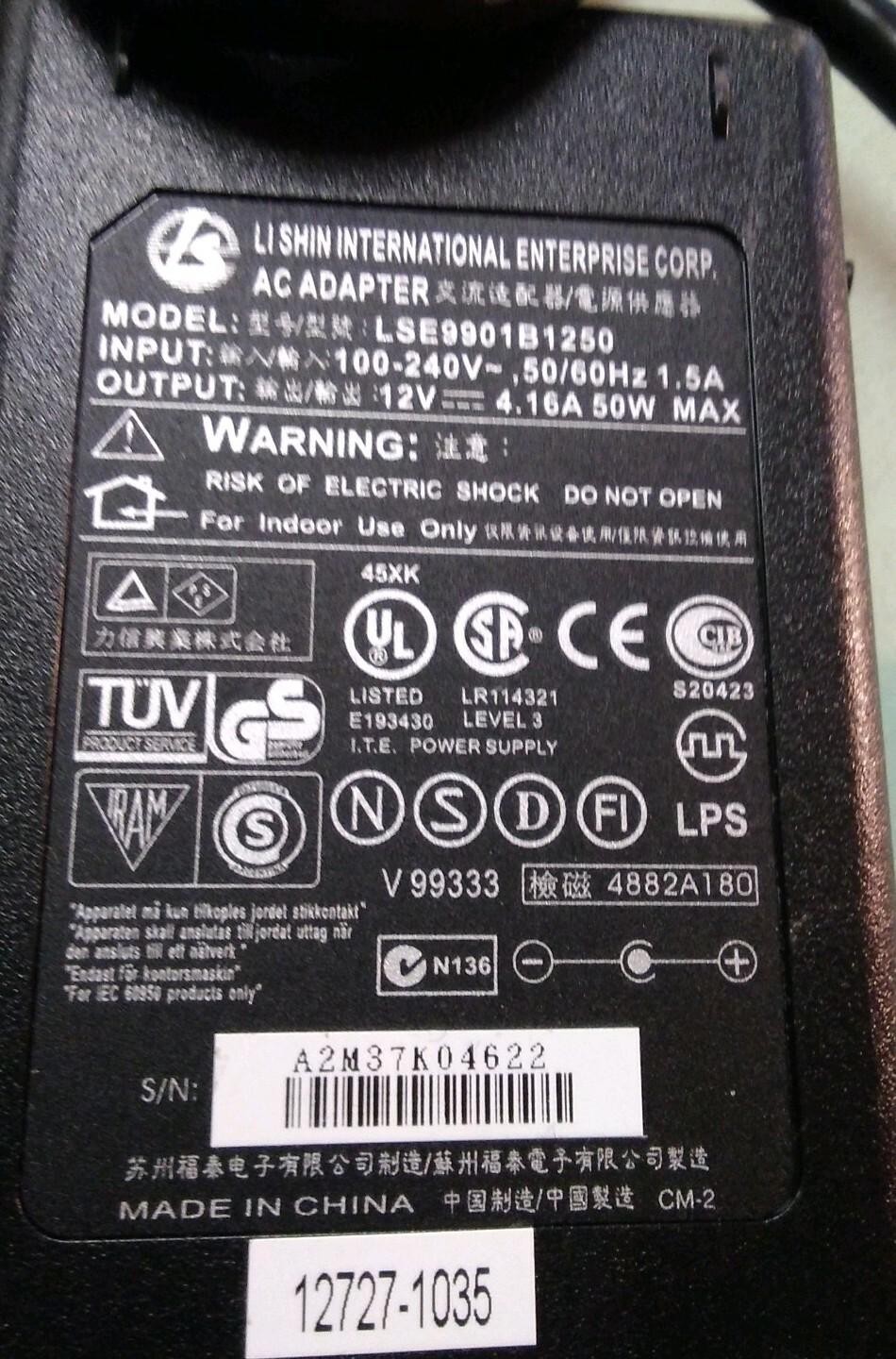 Li Shin LSE9901B1250 12V 4.16A AC Power Adapter