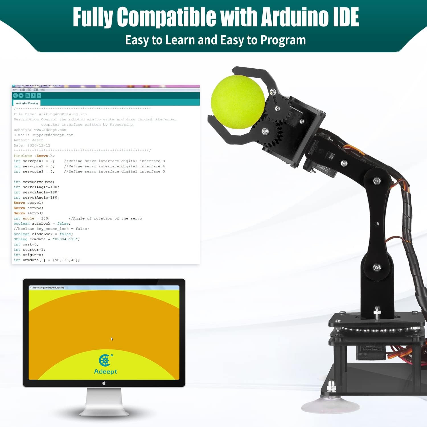 5DOF Robotic Arm Kit Compatible with Arduino IDE, Programmable DIY Coding STEM E