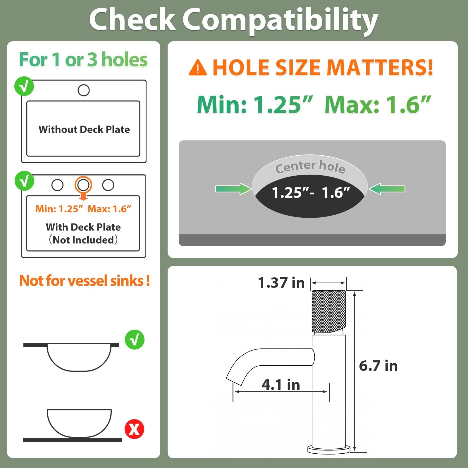 Single Hole Bathroom Sink Faucet with Pop-up Drain & Deck Plate, 304 Stainles…
