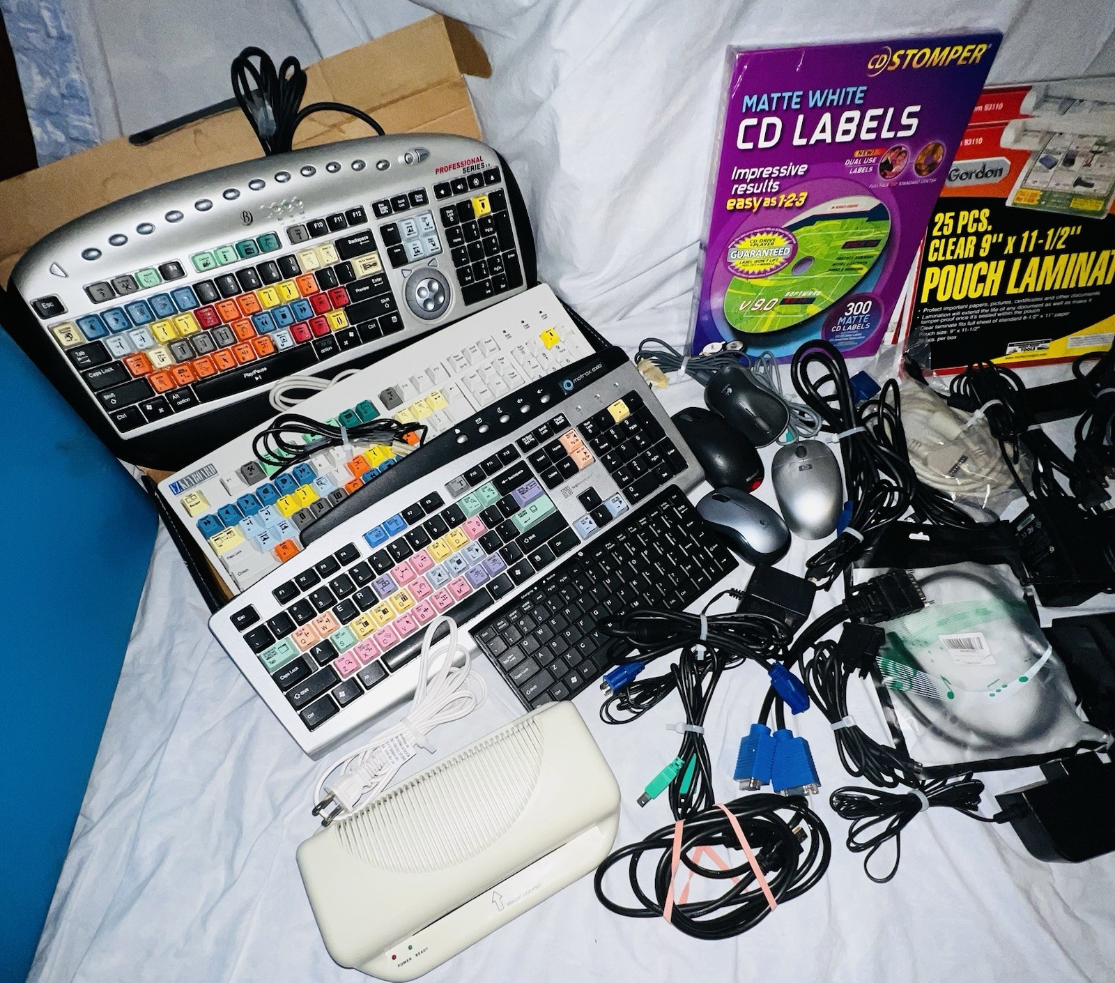 LOT OF ASSOCIATED ￼ELECTRONICS, KEYBOARDS, MOUSE, SPEAKERS, LAMINATER, CAMERAS