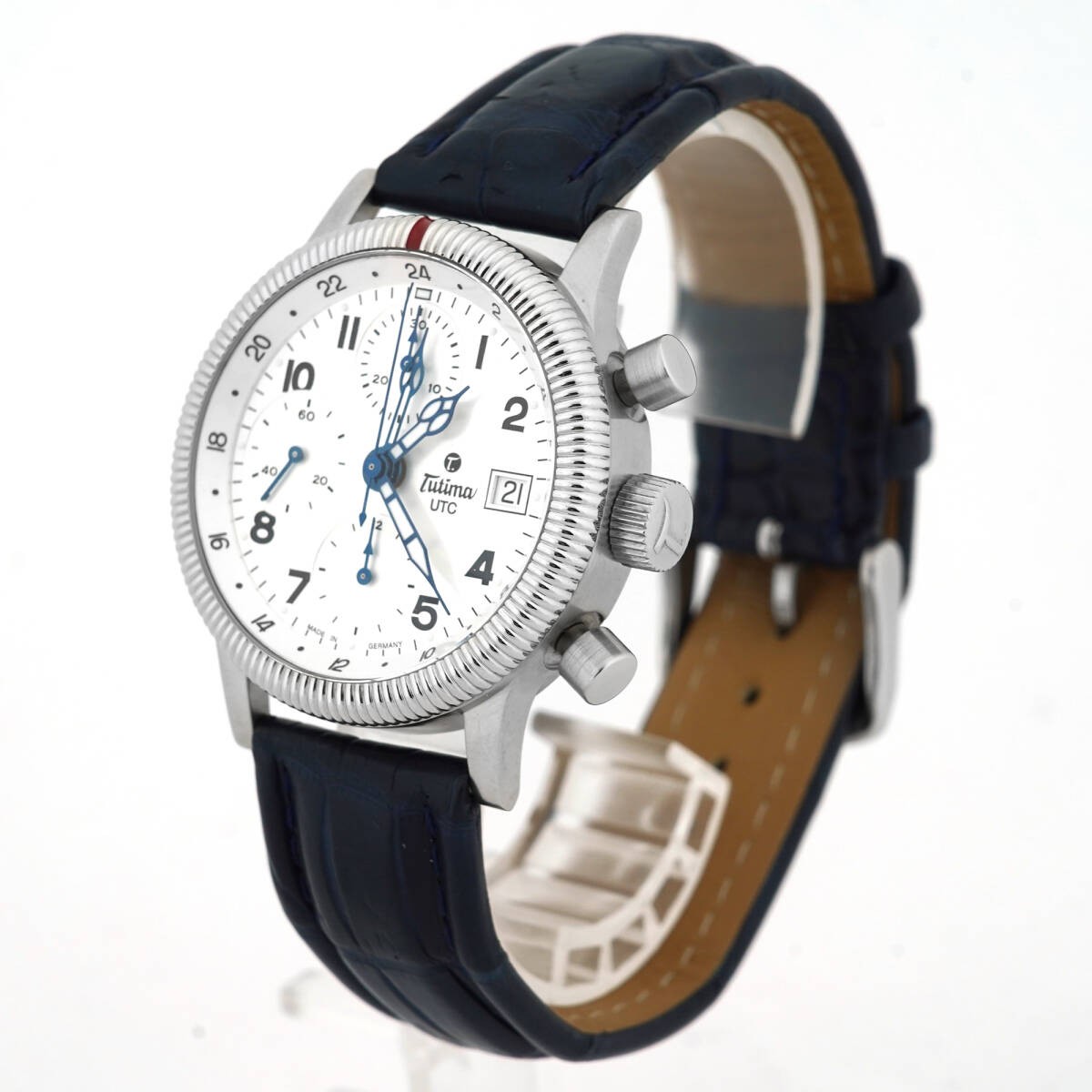 Tutima Flieger Chronograph 780-73 Automatic Mens Watch White Dial Leather Belt
