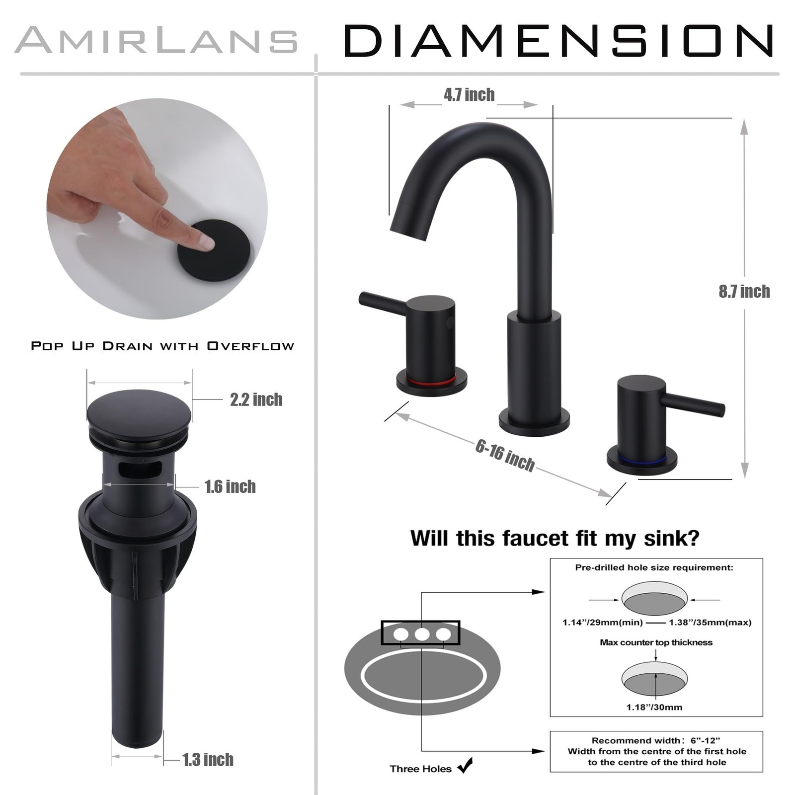 Black Bathroom Faucets 3 Hole, Matte Black Bathroom Faucet with Pop up Drain,…