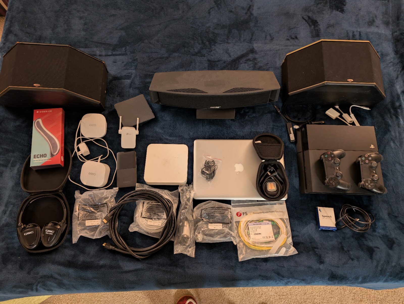 Ps4, Eero Routes, Speakers, Apple Laptop, Headsets, Cables , Etc…