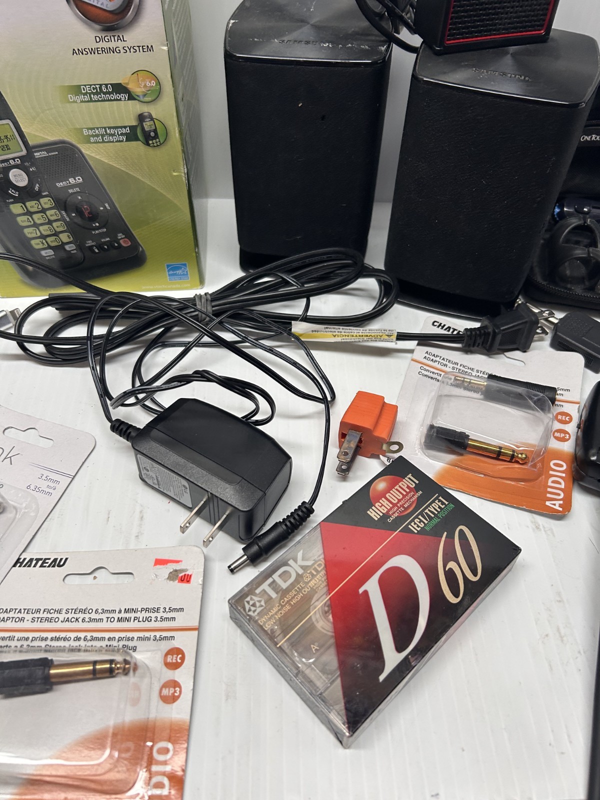 Mixed Electronics Lot Chargers, cables, Phone & Answering Retro Systems Speakers