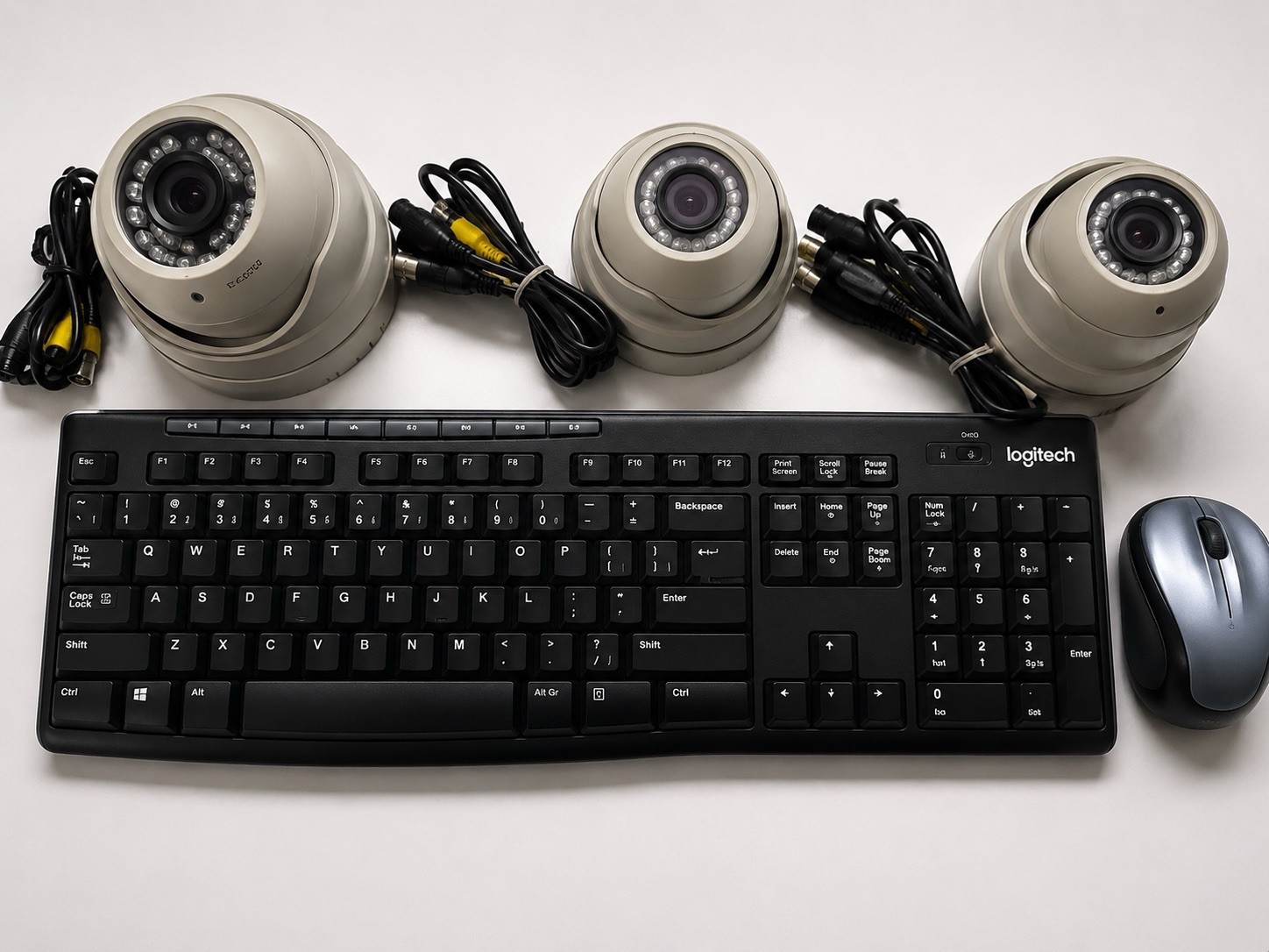 Lot Of 3 Dome Security Cameras & Logitech Keyboard & Mouse Combo – As-Is
