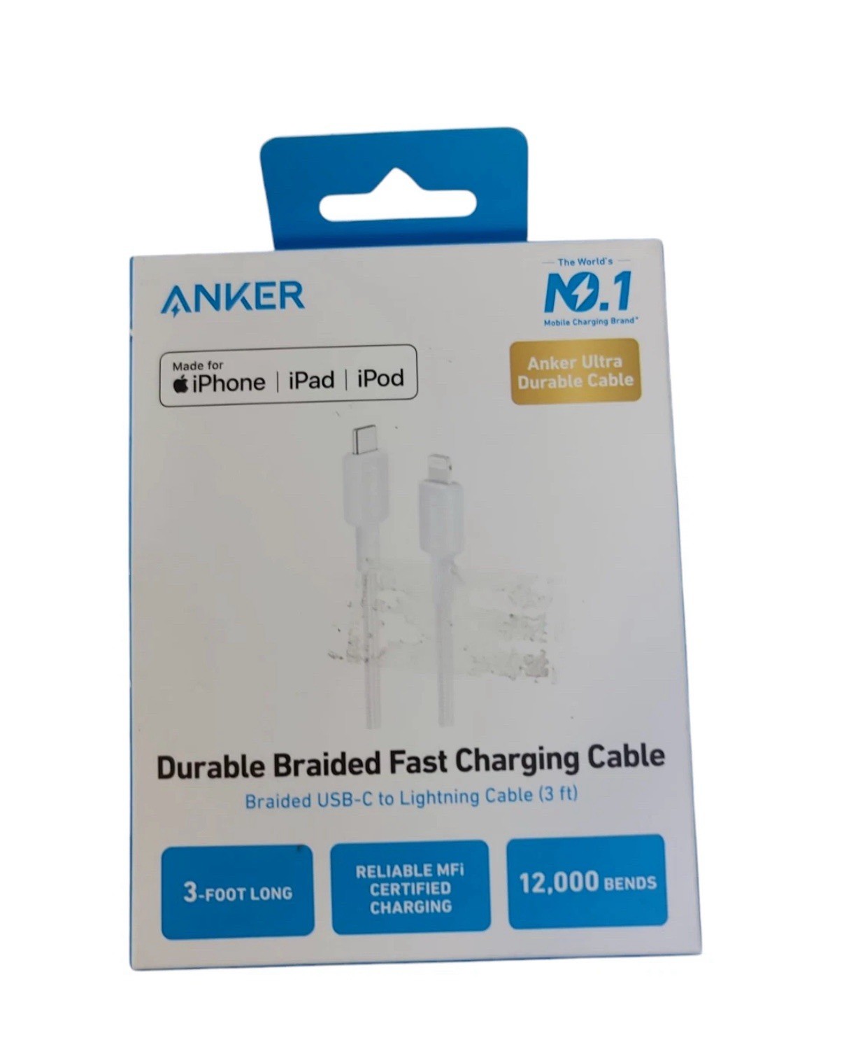 Anker 3′ Braided Lightning to USB-C Fast Charging Cable – White