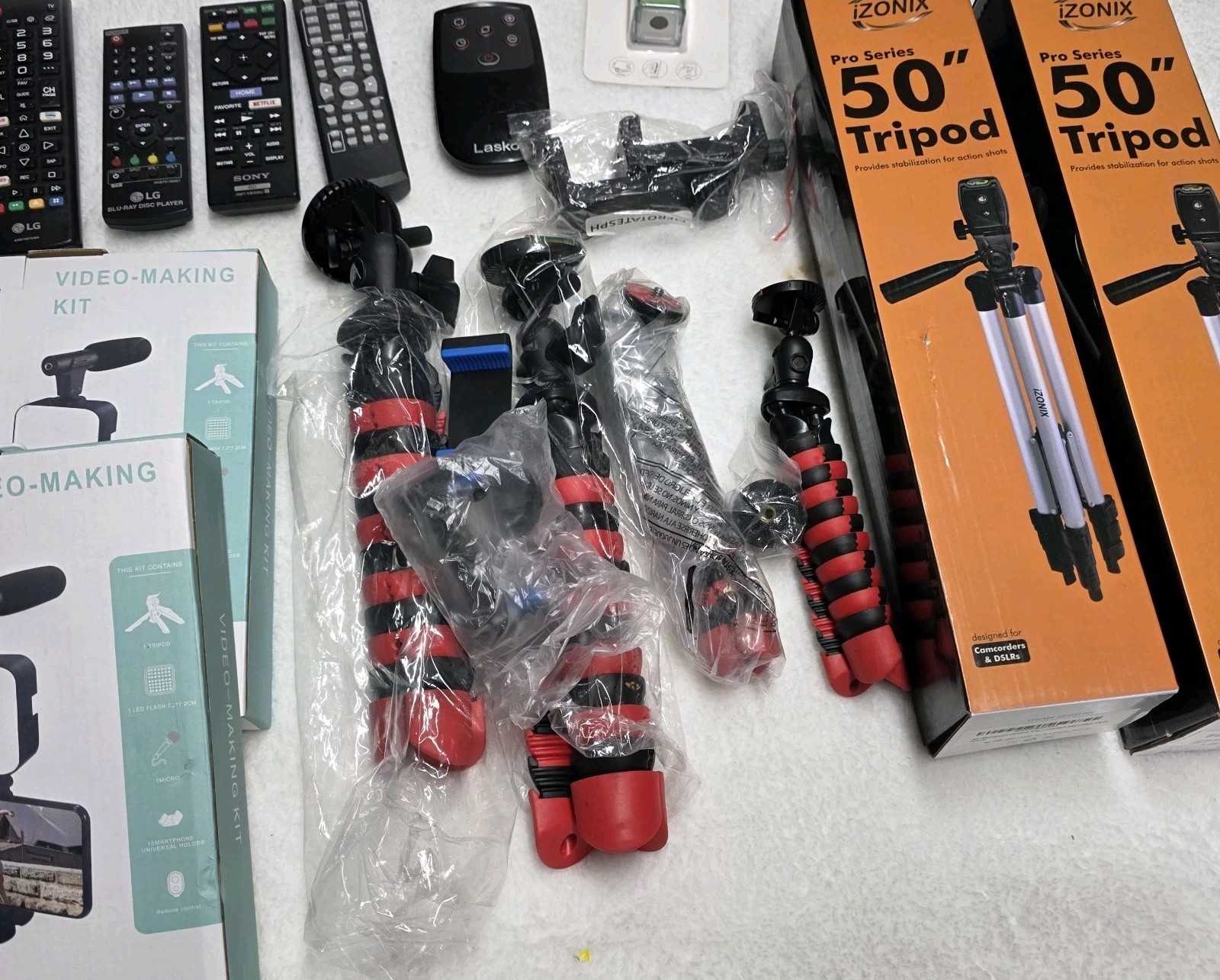 Junk Drawer Lot Mixed Electronics, Video Making Kits,Remotes New/Used Sold As Is