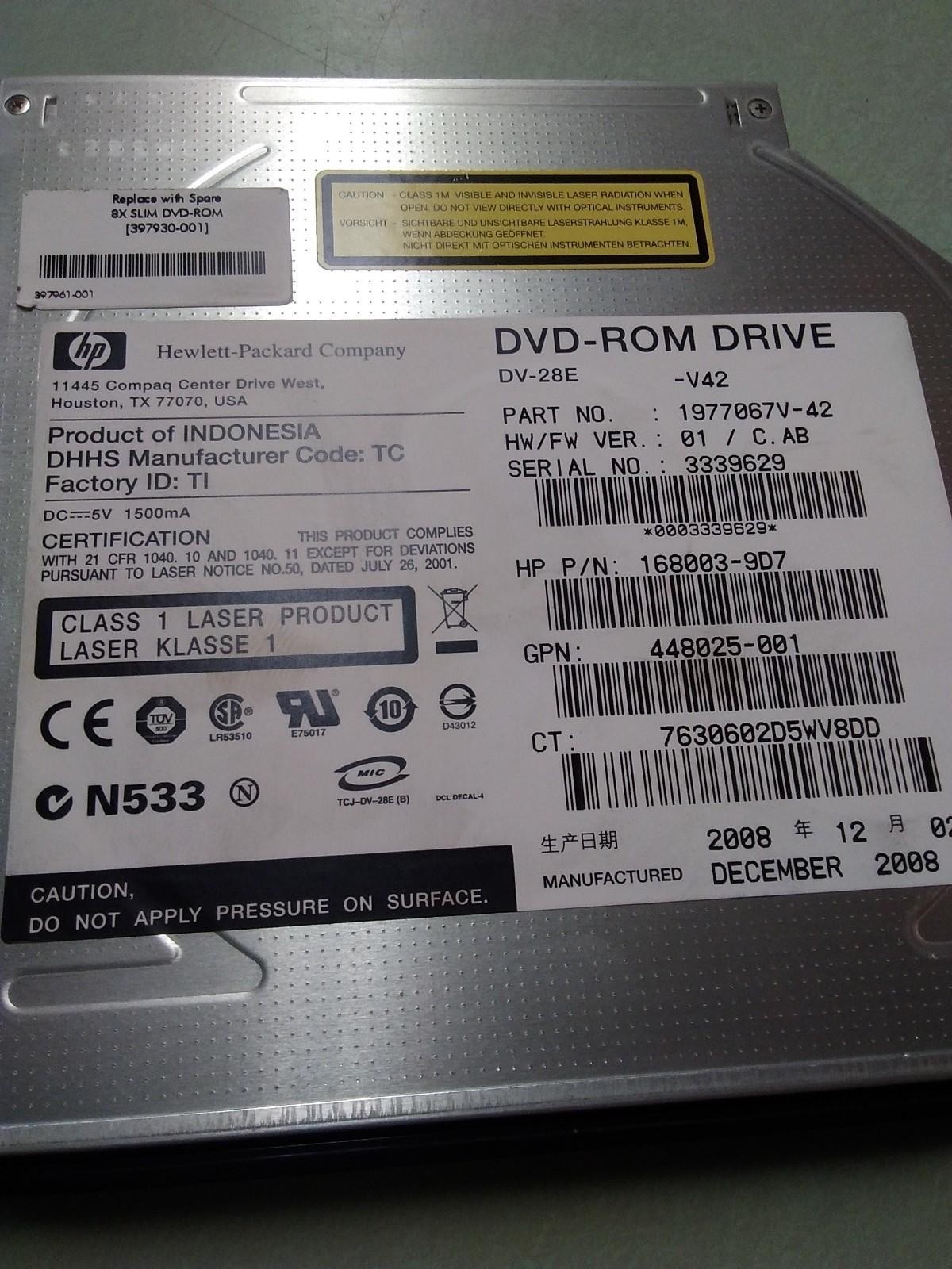 HP DV-28E -V42 1977067V-42 397930-001 168003-9D7 SLIM DVD ROM DRIVE