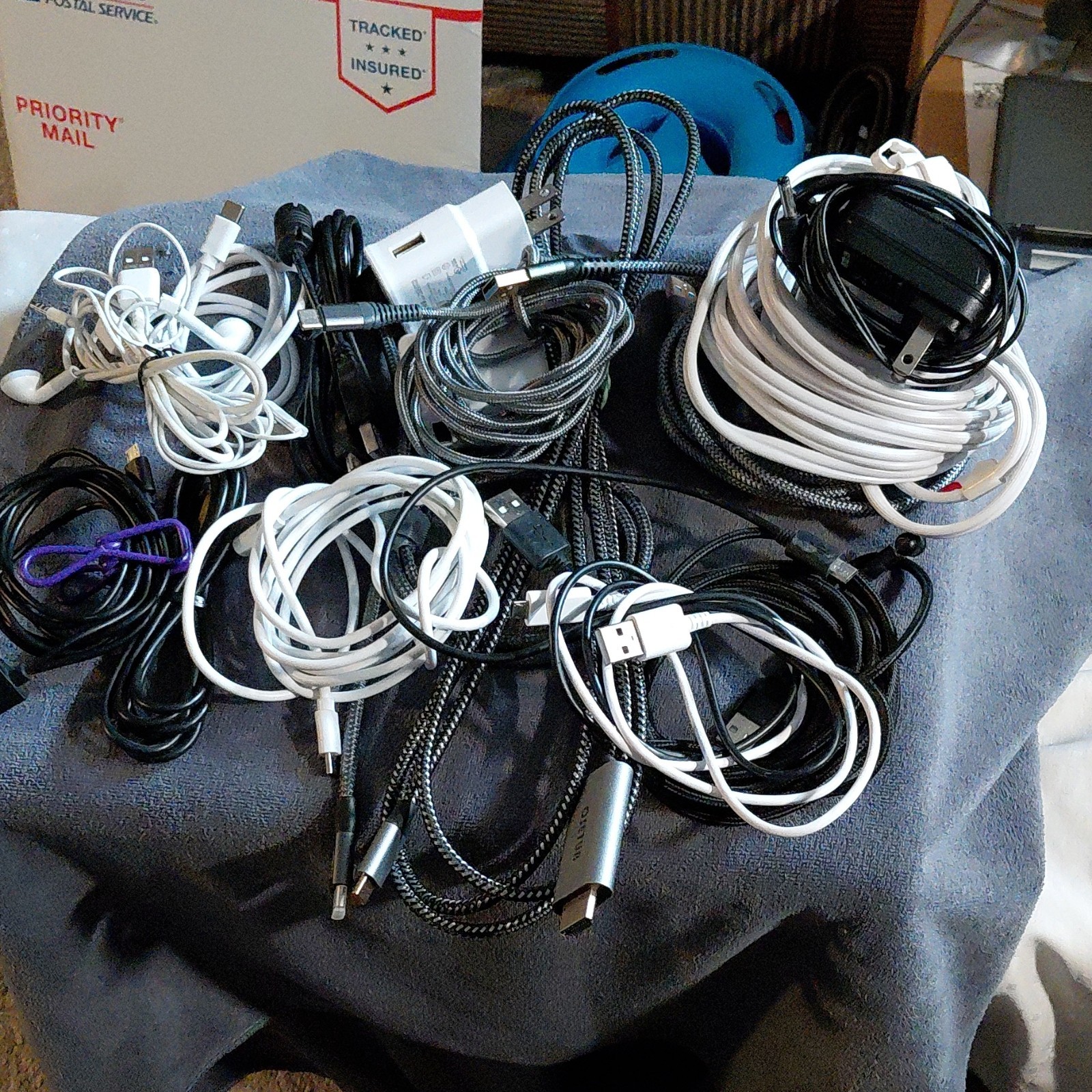 Mixed USB Charging Cables, Adapters. Mostly Android, 1 Extension Cord