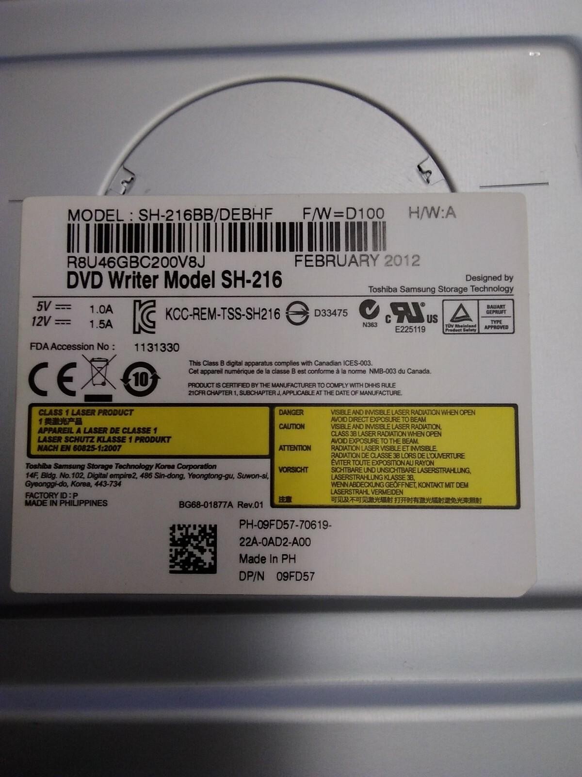 TOSHIBA MODEL SH-216BB/DEBHF DVD WRITER DRIVE SATA 09FD57