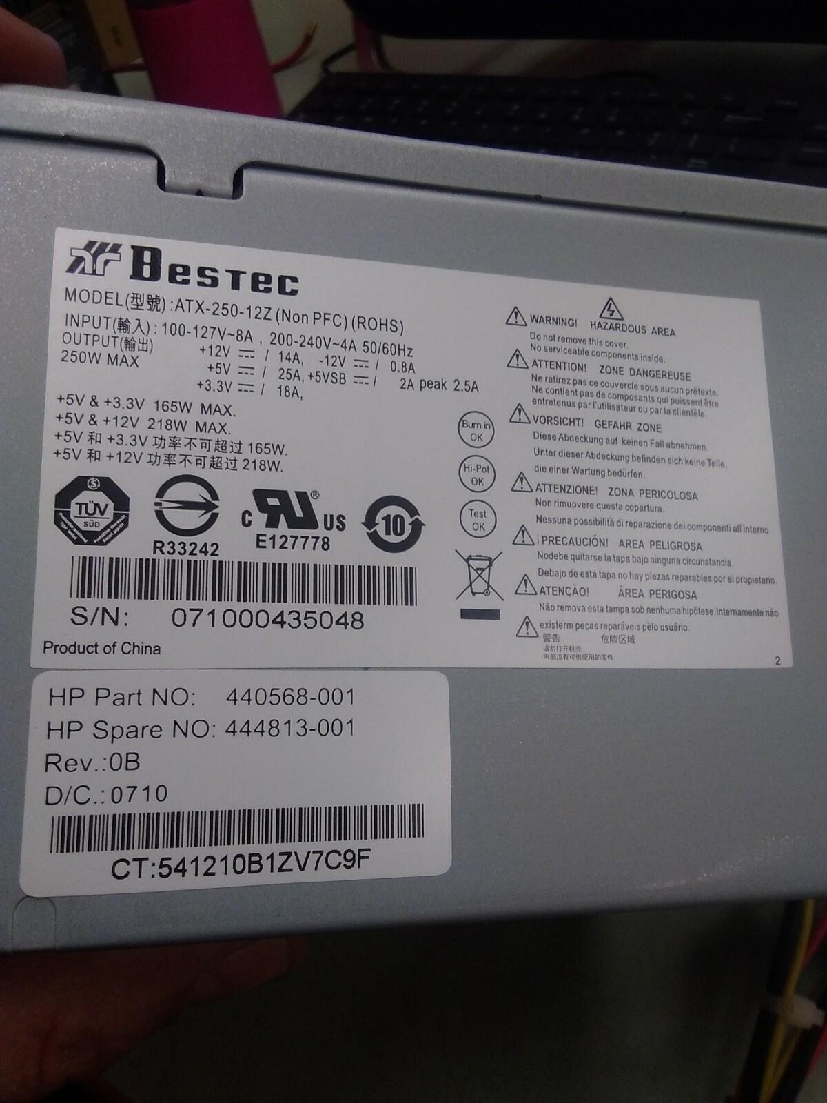 Bestec ATX 250-12Z NON PFC ROHS 165W Power Supply REV 0B 440568-001 444813-001