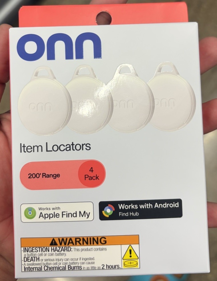 onn. Item Locators 4 Pack 200′ Range Apple Find My Android Find Hub