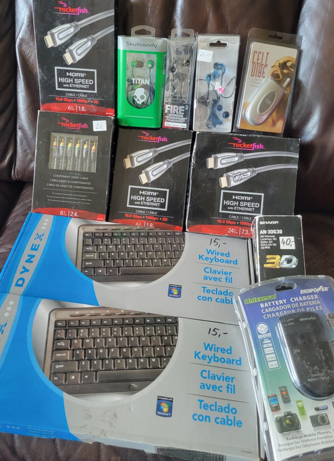 12x NEW Electronics Lot Headphones, Dynex Keyboards, HDMI, Rocketfish, Sharp 3D