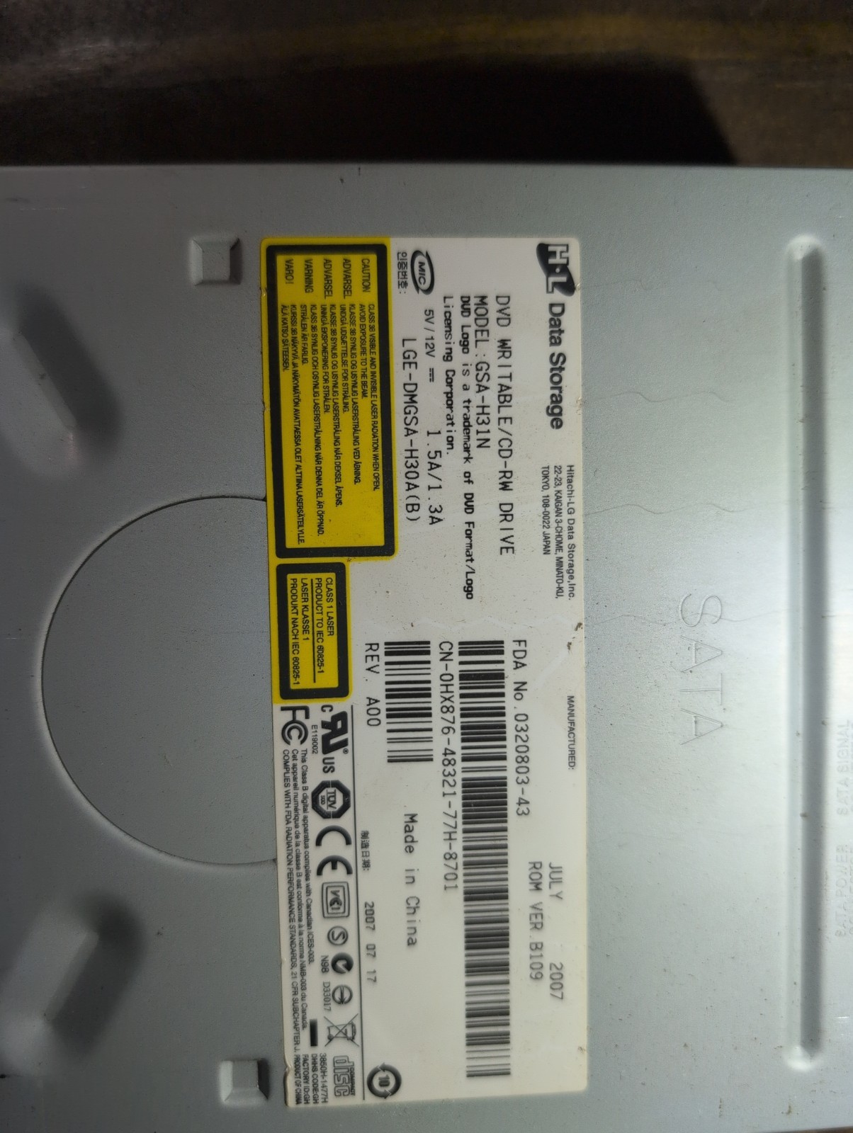 HL DATA STORAGE Hitachi LG GSA-H31N REV A00 DVD WRITABLE CD-RW DRIVE 0CN449