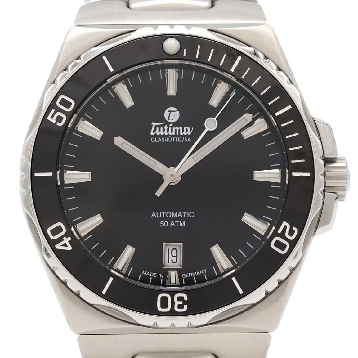 Tutima Seven Seas S 6156-02 Automatic Black Dial SS Silver Band Mens Watch Auth