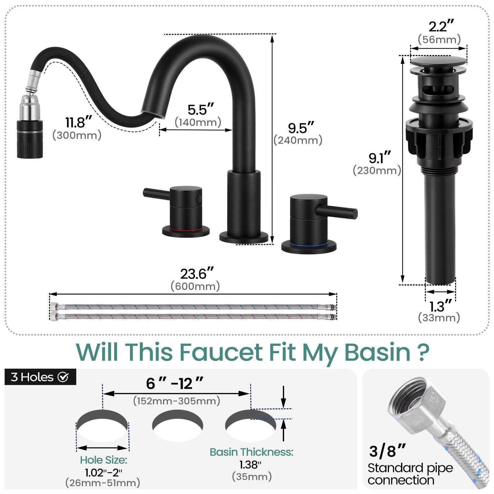 Matte Black Pull Down Bathroom Faucet 3 Hole with Pop Up Drain, Bathroom Sink…
