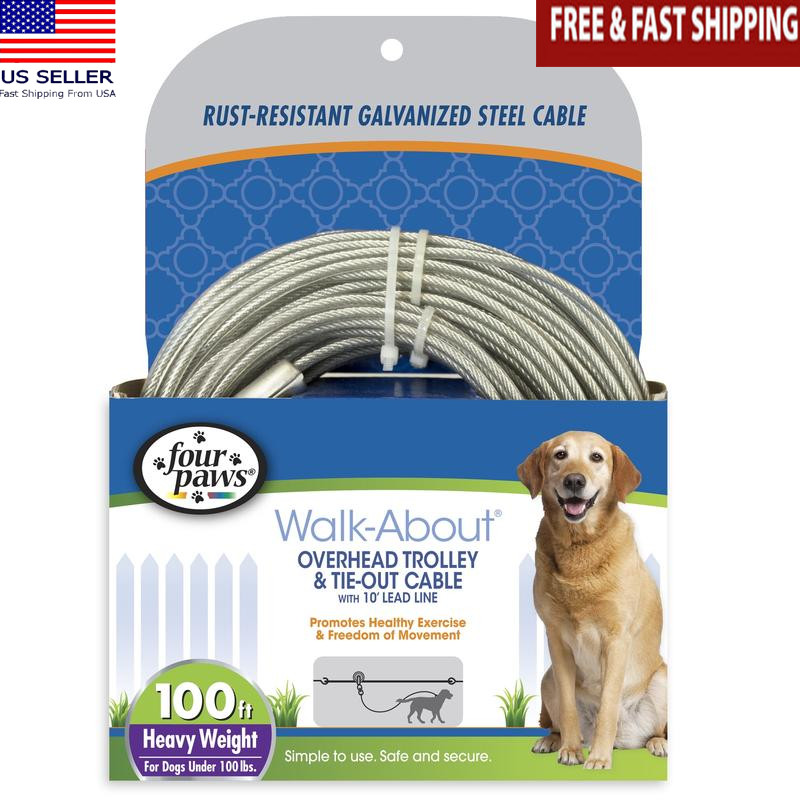 Heavy Duty Dog Run Cable 100ft Outdoor Trolley Exerciser W/ Pulley Lead Silver