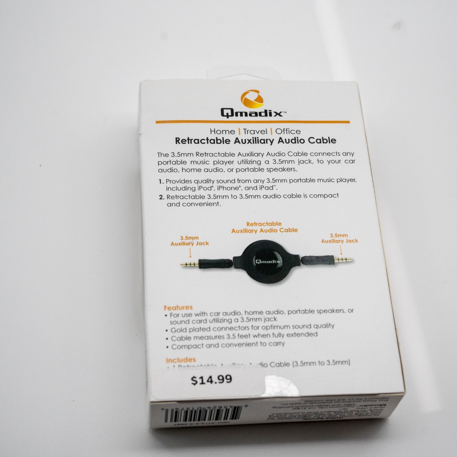 New Qmadix Retractable Auxiliary Audio Cable 3.5mm – Black