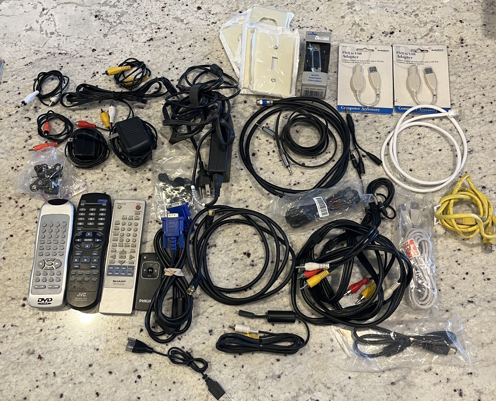 LOT OF MISC ELECTRONICS & CABLES – CHARGERS, ADAPTERS, REMOTES & MORE
