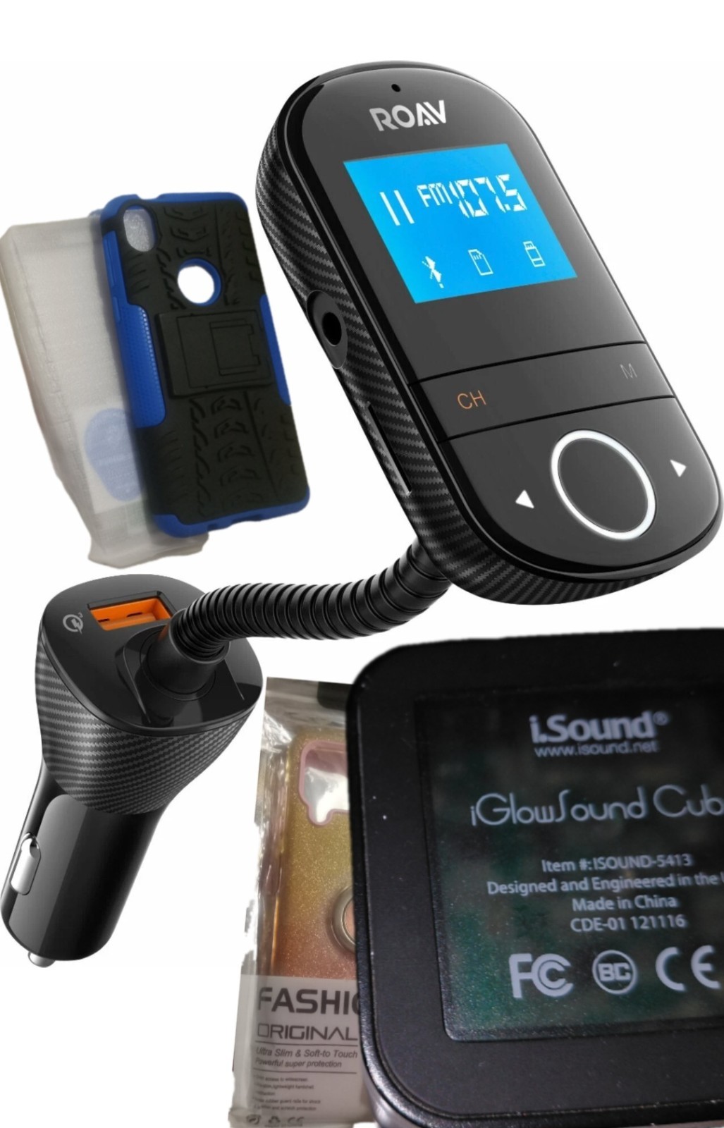 Lot Anker ROAV SmartCharge F3FM Transmitter + isound IGlow Speaker + Phone Cover