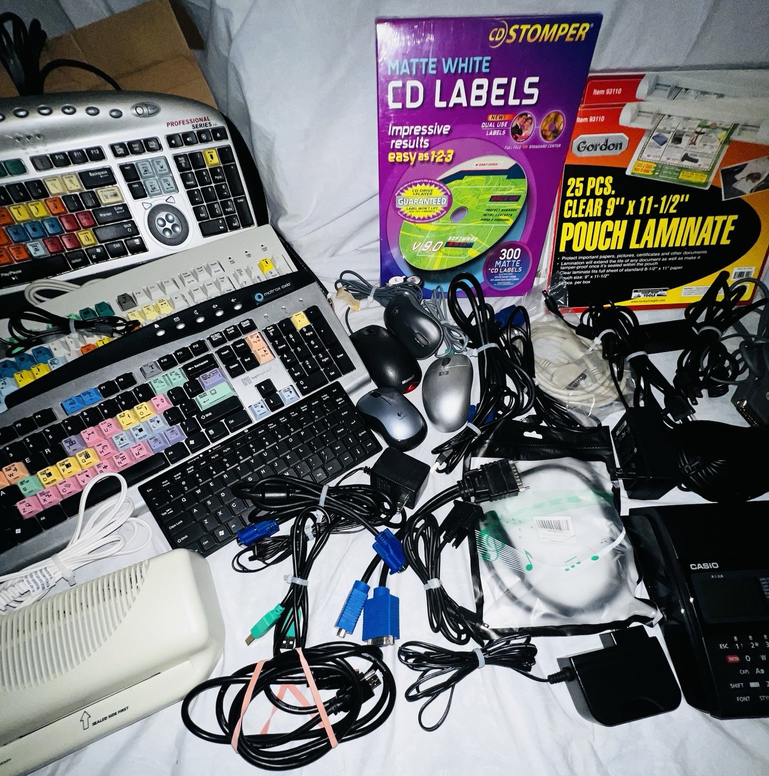 LOT OF ASSOCIATED ￼ELECTRONICS, KEYBOARDS, MOUSE, SPEAKERS, LAMINATER, CAMERAS