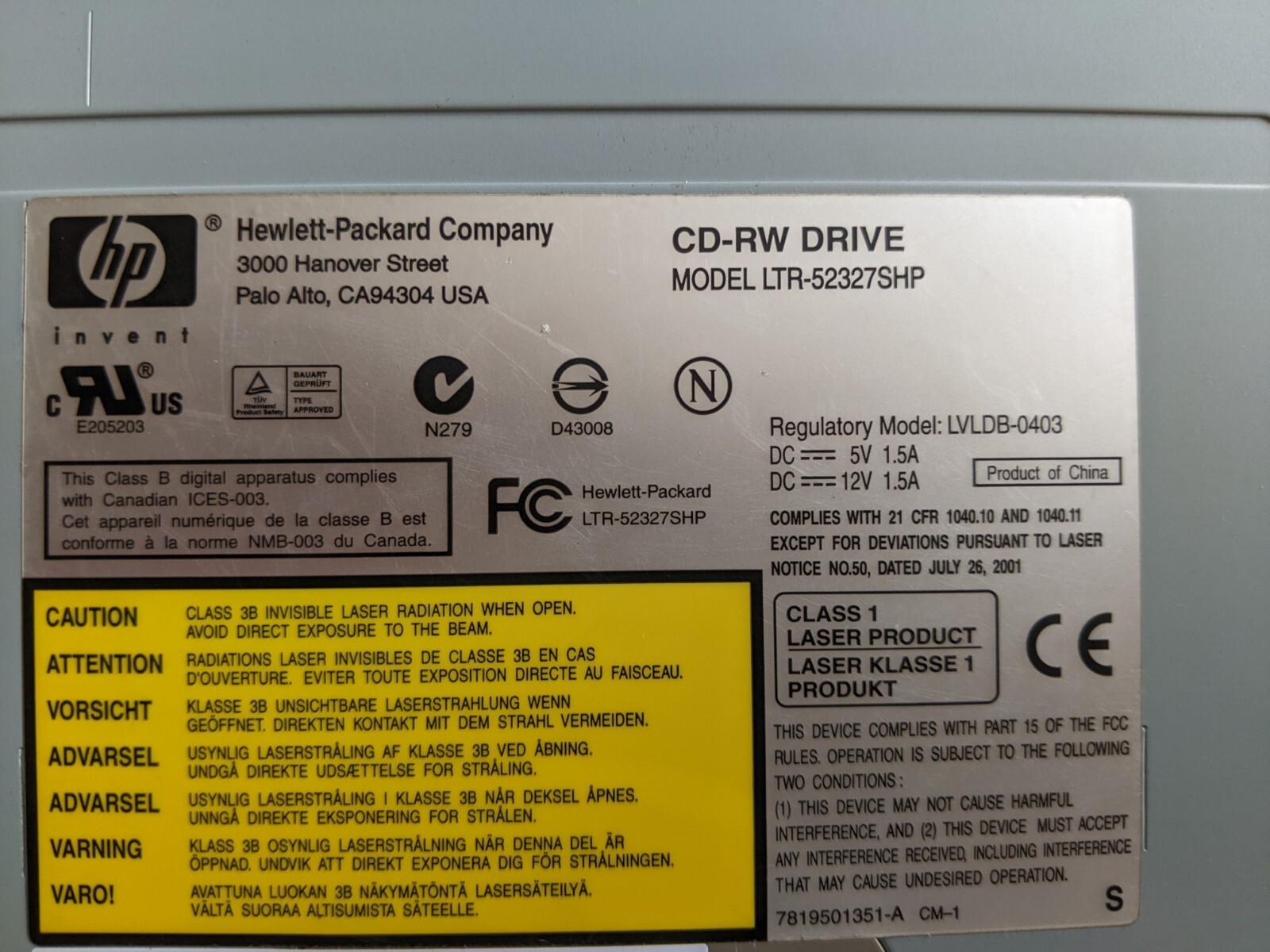 HP CD-RW INTERNAL DRIVE LTR-52327SHP 5092-0692 with IDE Cable