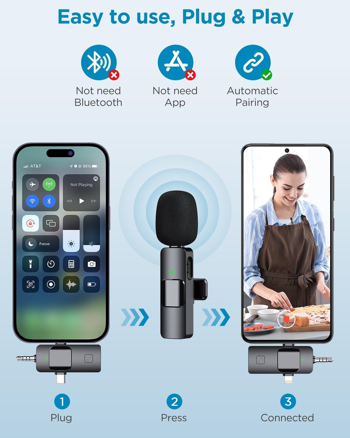 Lapel Microphone Wireless for Video Recording, Vlog, Streaming, 3 in 1