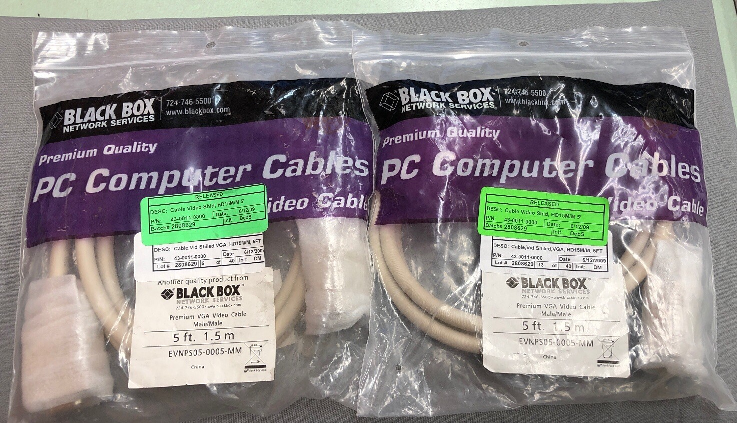 NEW LOT OF 2 BLACK BOX VGA VIDEO CABLE MALE/MALE 5-ft.1.5-m EVNPS05-0005-MM