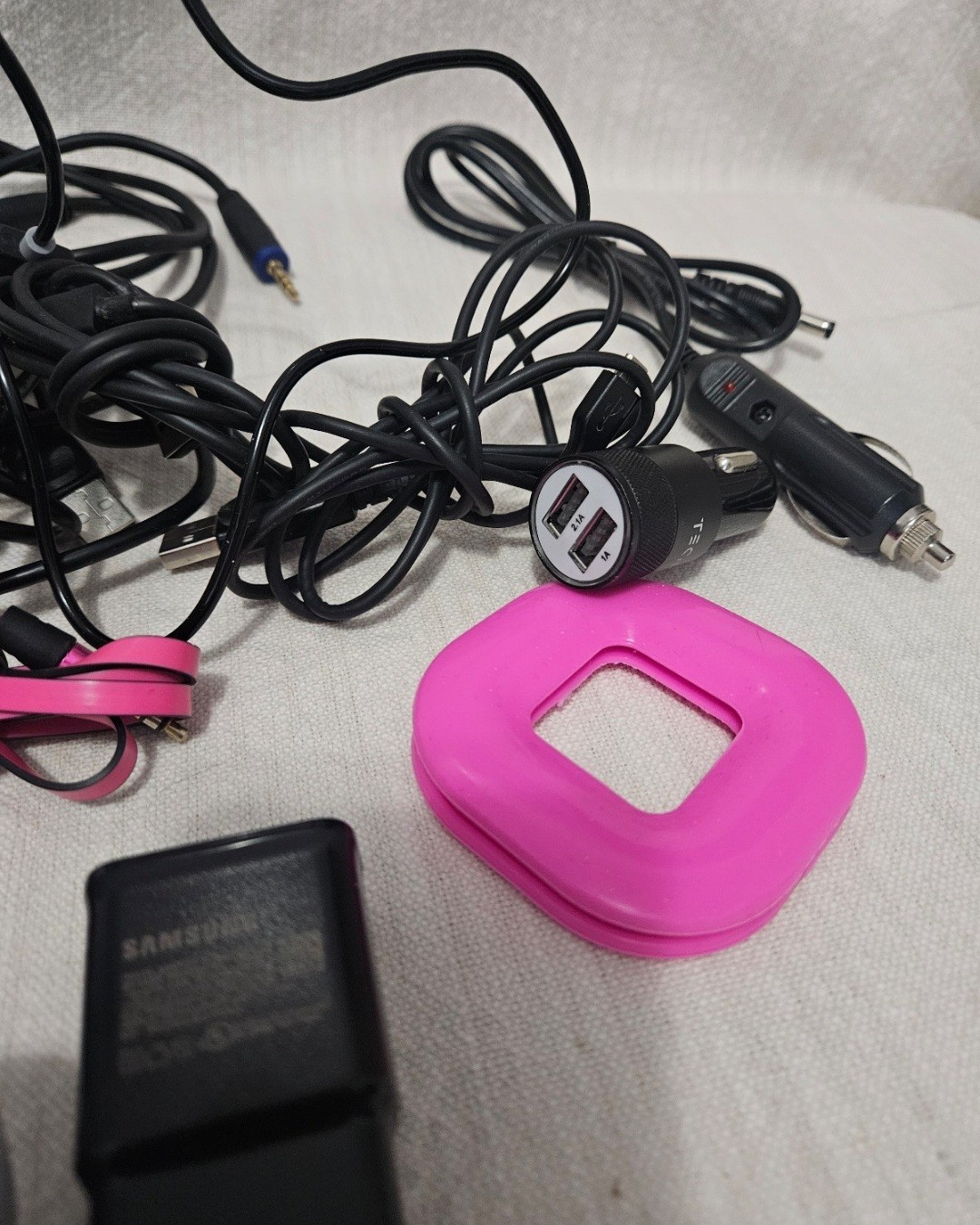Lot of Charging Cords, Wall Plug Boxes, Corded Earbuds, Power Adapters, etc.