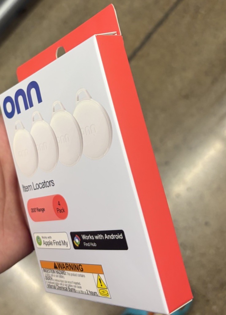 onn. Item Locators 4 Pack 200′ Range Apple Find My Android Find Hub