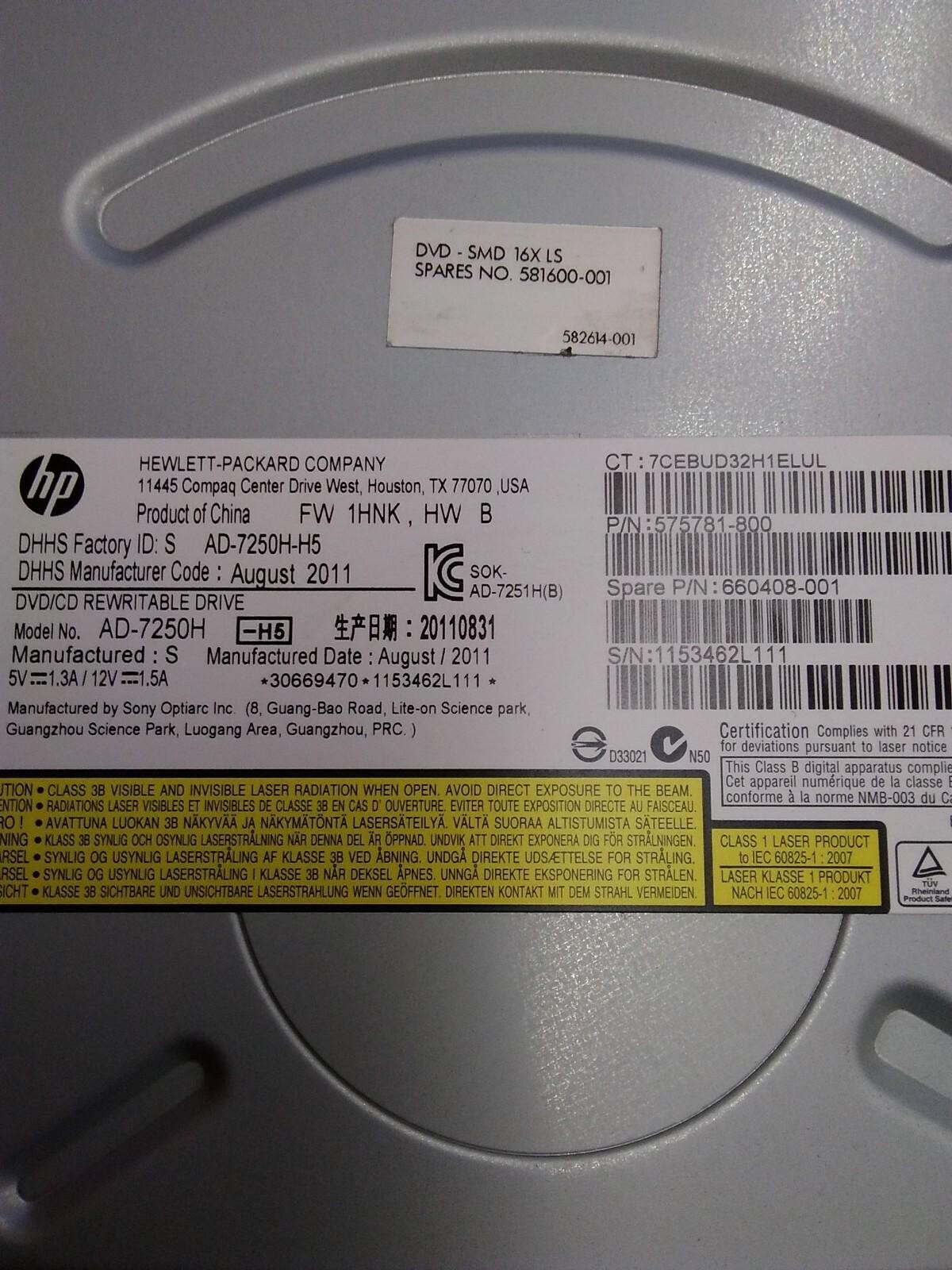 HP SATA DVD REWRITABLE PC AD-7250H-H5 PN: 575781-800 660408-001