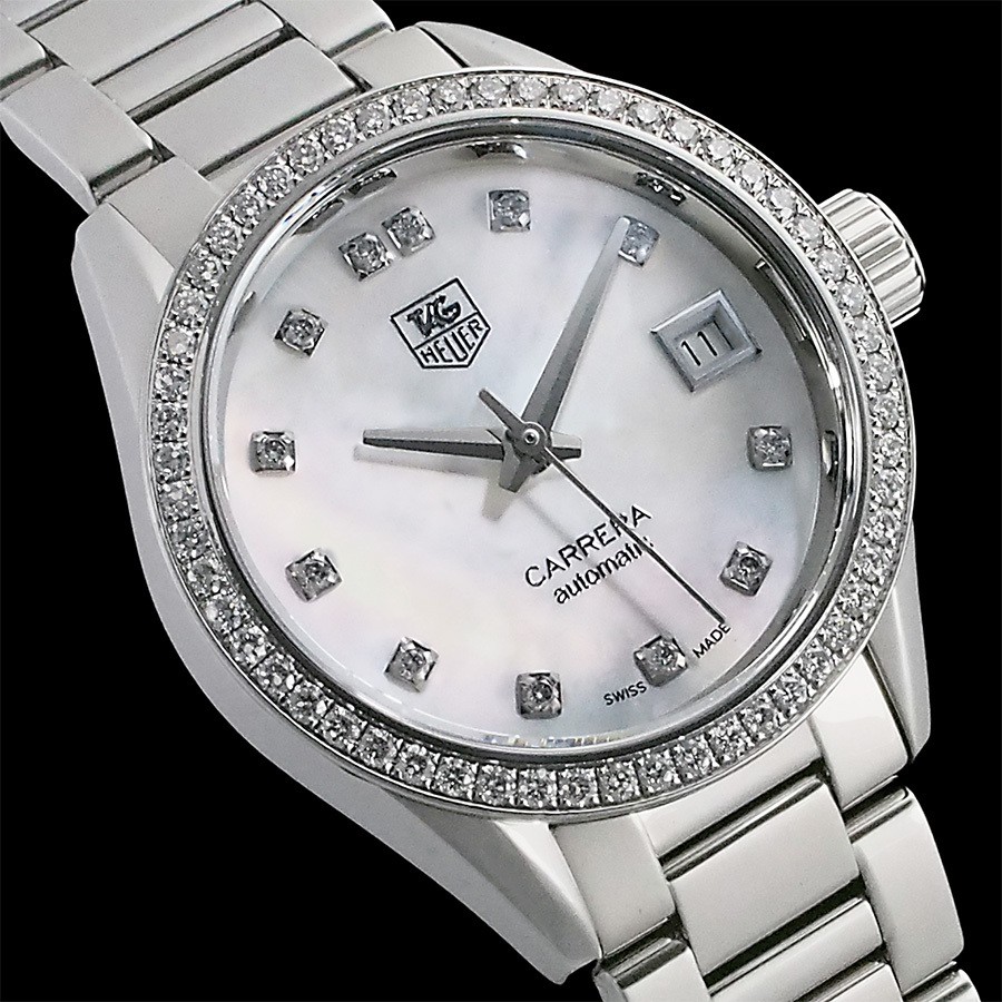 TAG Heuer Carrera Calibre 9 Diamonds WAR2415.BA0776 White Shell Round Date Auth