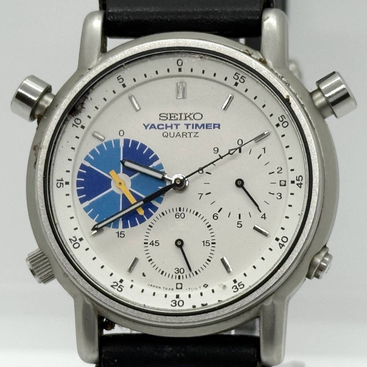 SEIKO Watch Yacht Timer 7A28-7090 351142 White Quartz Leather Men’s Auth Rare