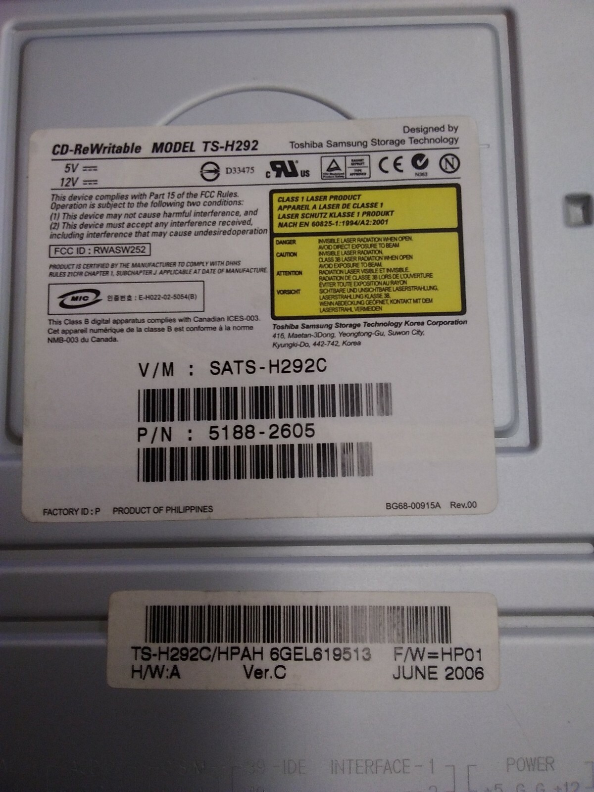 Toshiba Samsung CD-RW Model TS-H292C 5188-2605