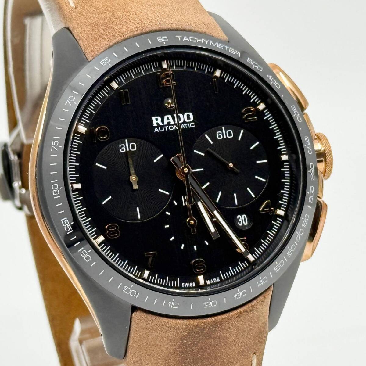 RADO Watch HyperChrome 650.0168.3.001 AT Black Dial Suede Brown Leather Men’s
