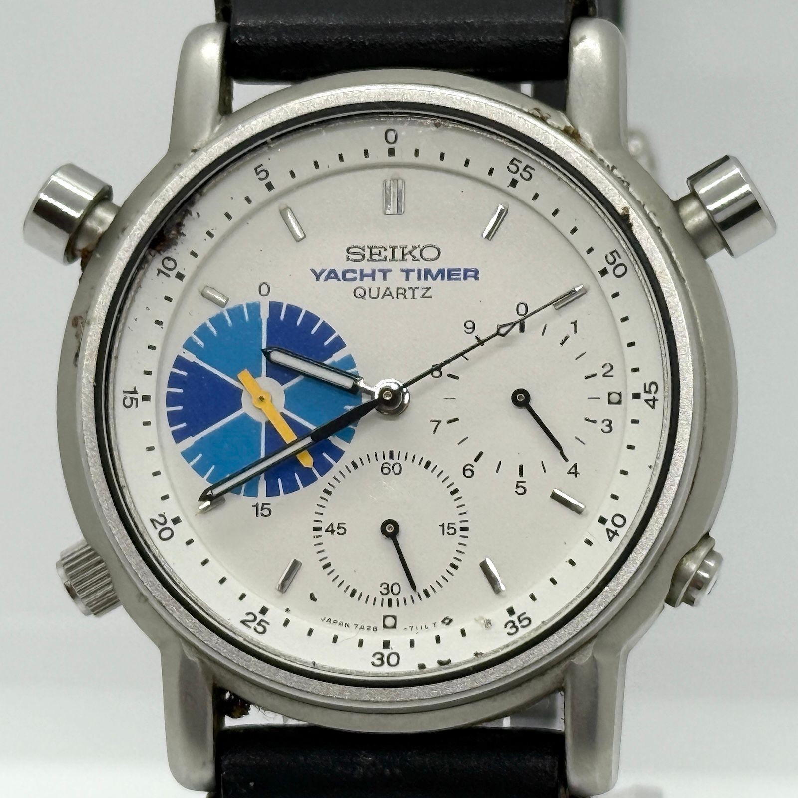 SEIKO Watch Yacht Timer 7A28-7090 351142 White Quartz Leather Men’s Auth Rare