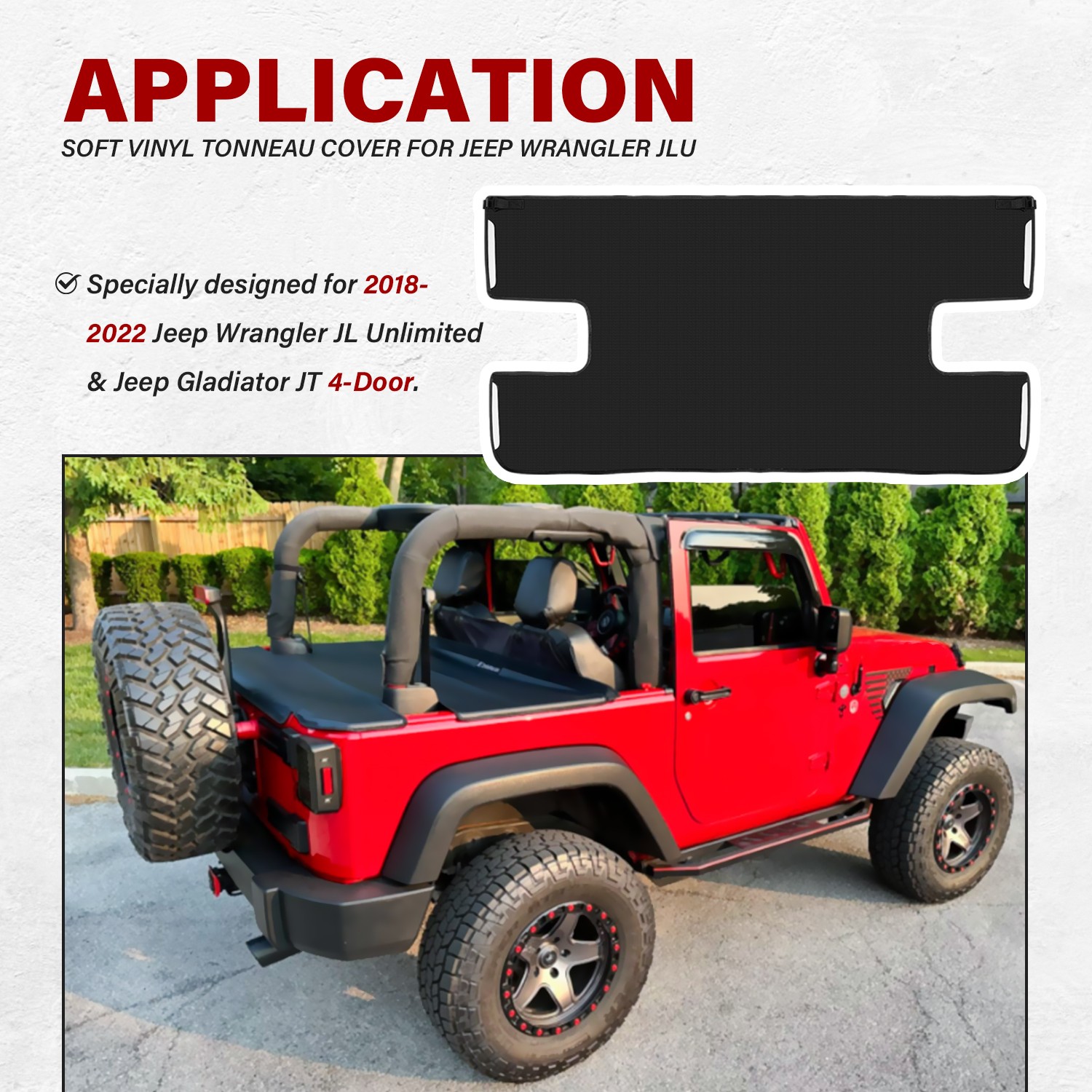 Soft Vinyl Tonneau Cover 4-Door Rear Trunk Sunshade Fits Jeep Wrangler JLU 2018+