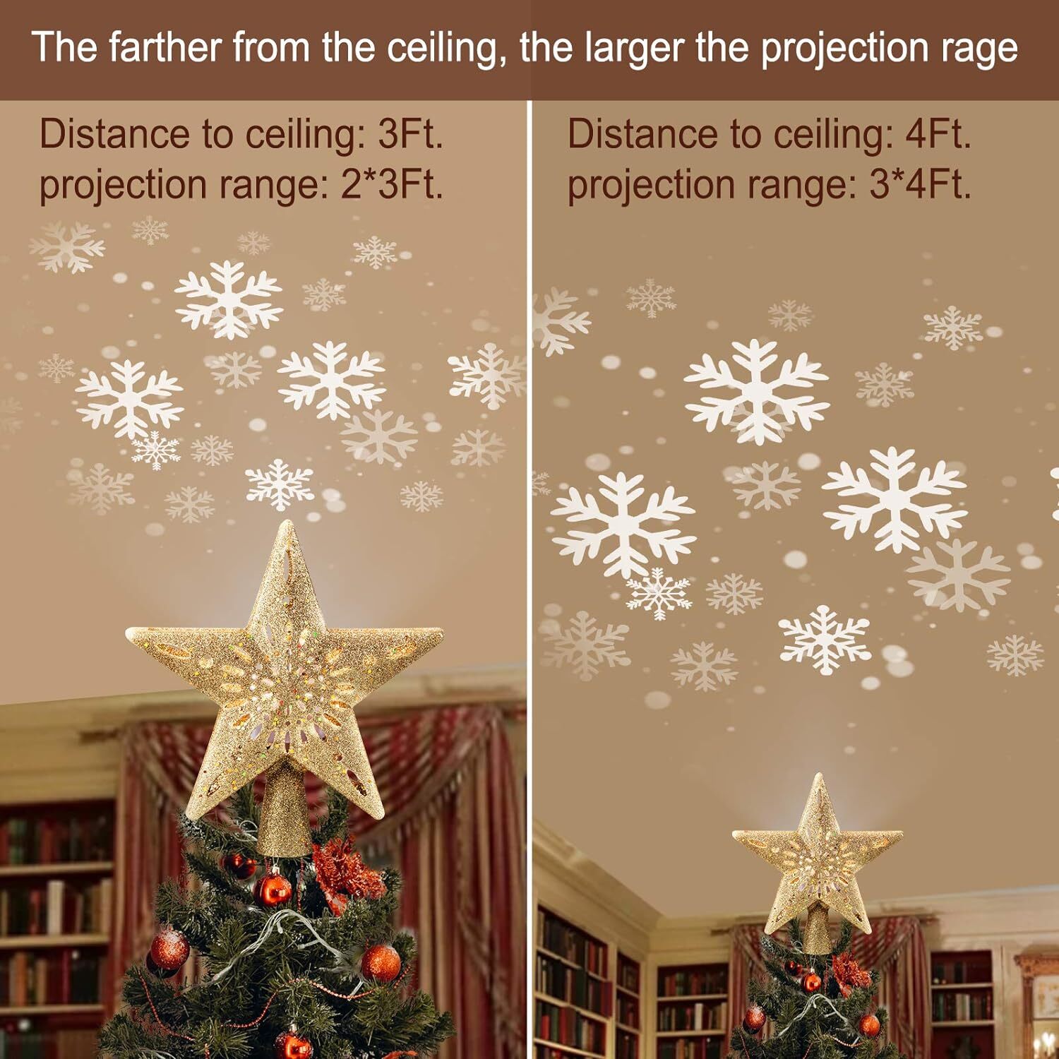 Christmas Star Tree Topper with Built-in Led Snowflake Projector Lights Hollowed