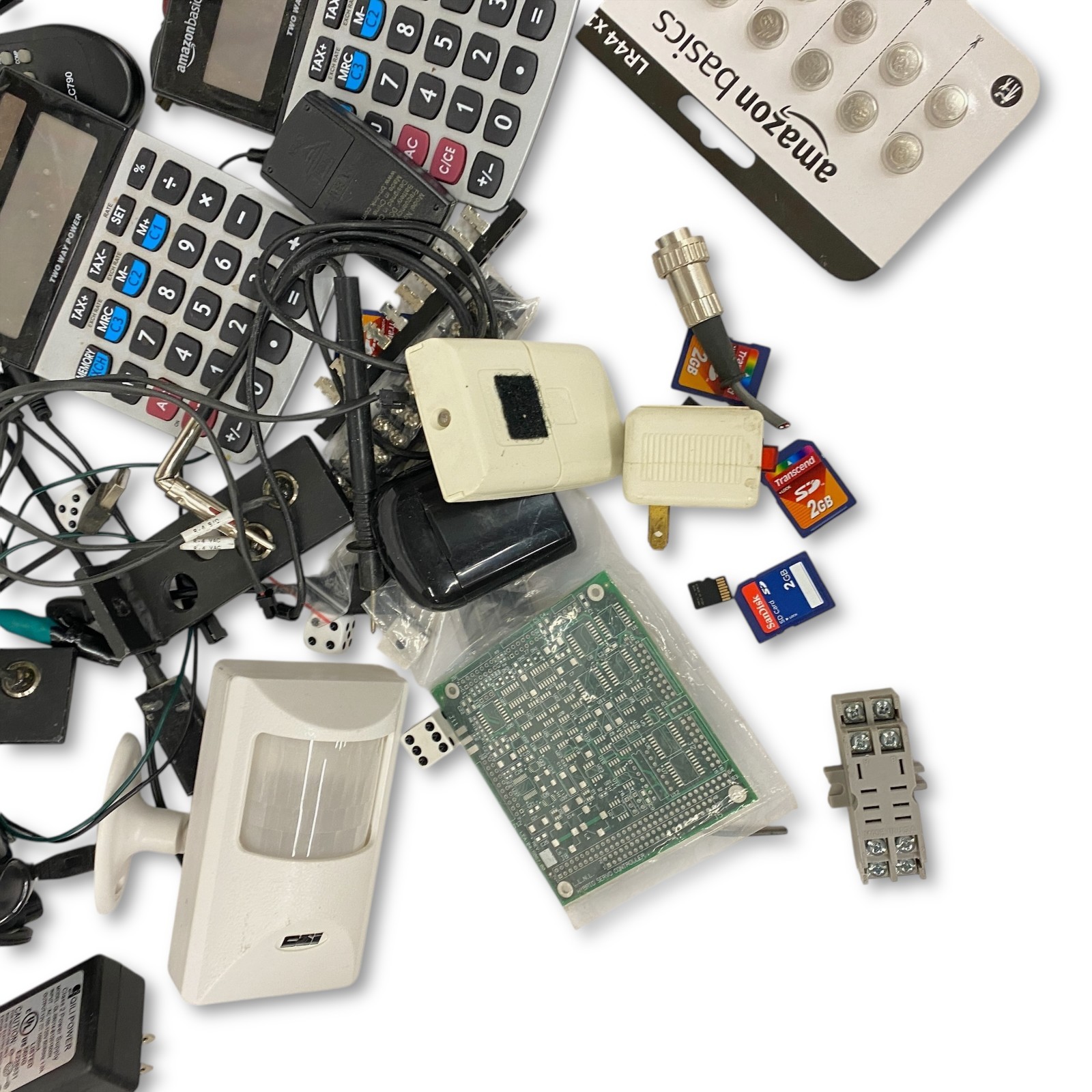 Mixed Electronics Lot – Batteries, SD Cards, Calculators, Cords, Gauges and More