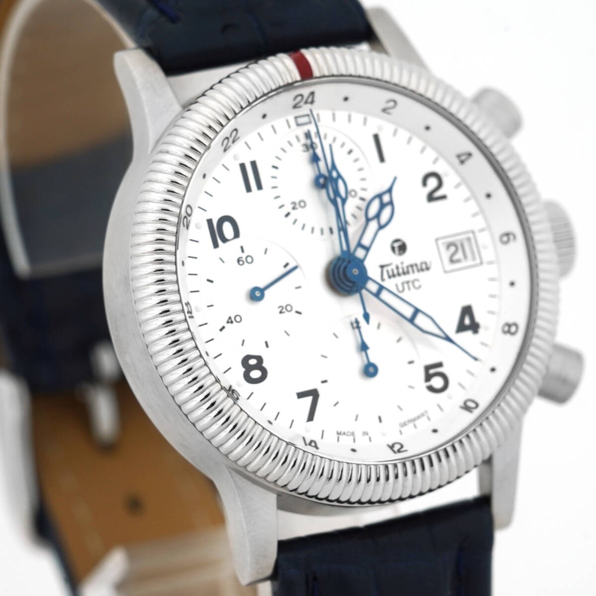 Tutima Flieger Chronograph 780-73 Automatic Mens Watch White Dial Leather Belt
